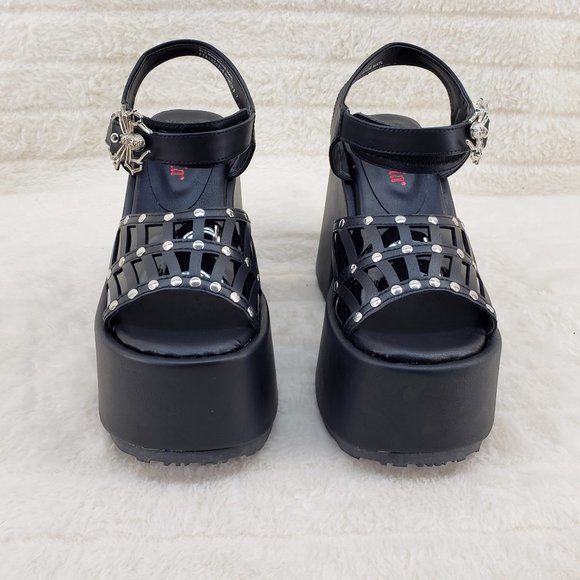 Camel Black Platform Sandals Cut out Web Toe Strap Goth Punk - Picture 9 of 14